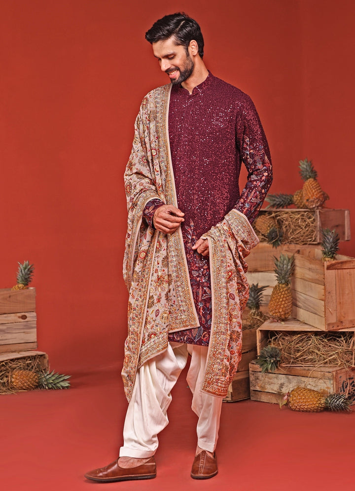 Wine Embroidered Kurta Patiala Set With Dupatta Kalpraag - Fabilicious Fashion