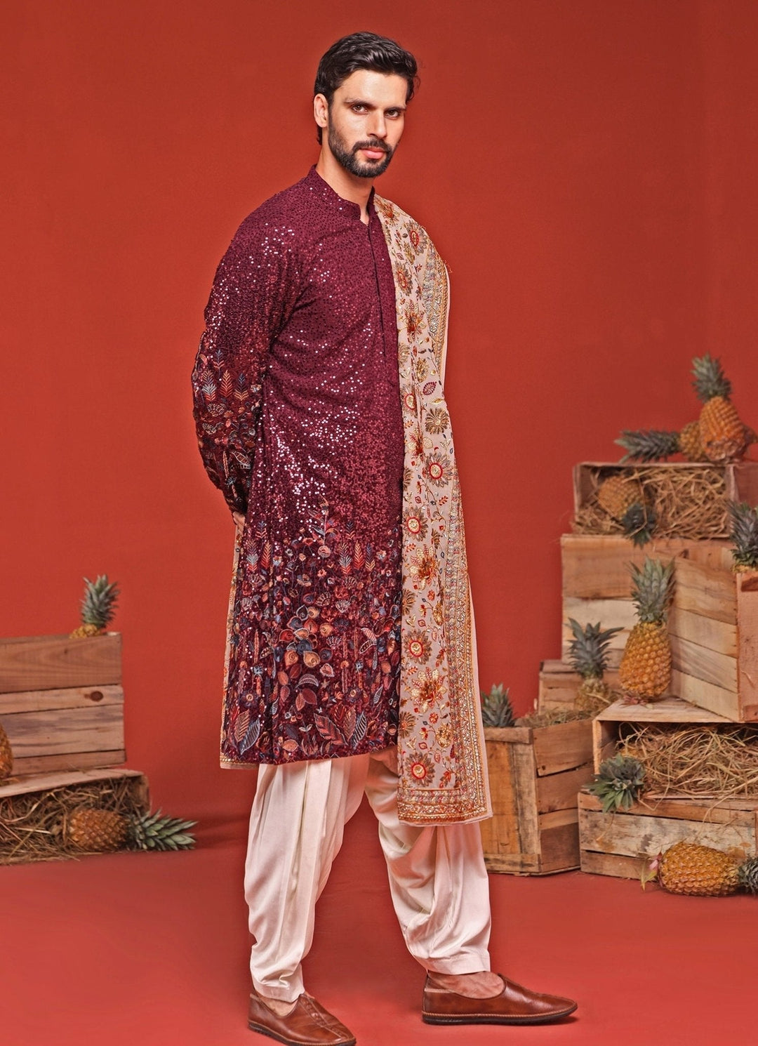 Wine Embroidered Kurta Patiala Set With Dupatta Kalpraag - Fabilicious Fashion