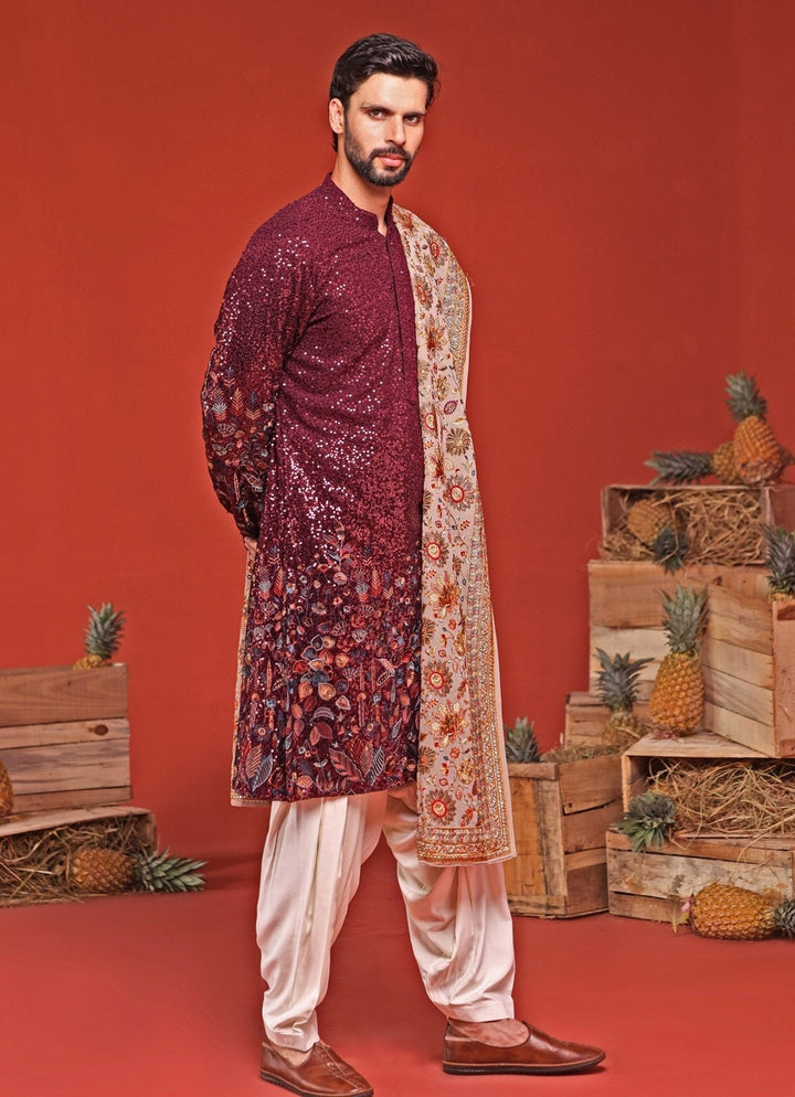 Wine Embroidered Kurta Patiala Set With Dupatta Kalpraag - Fabilicious Fashion