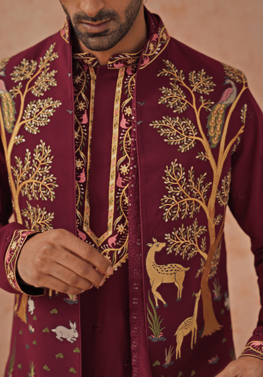 Wine Embroidered Kurta Set With Jacket Kalpraag - Fabilicious Fashion