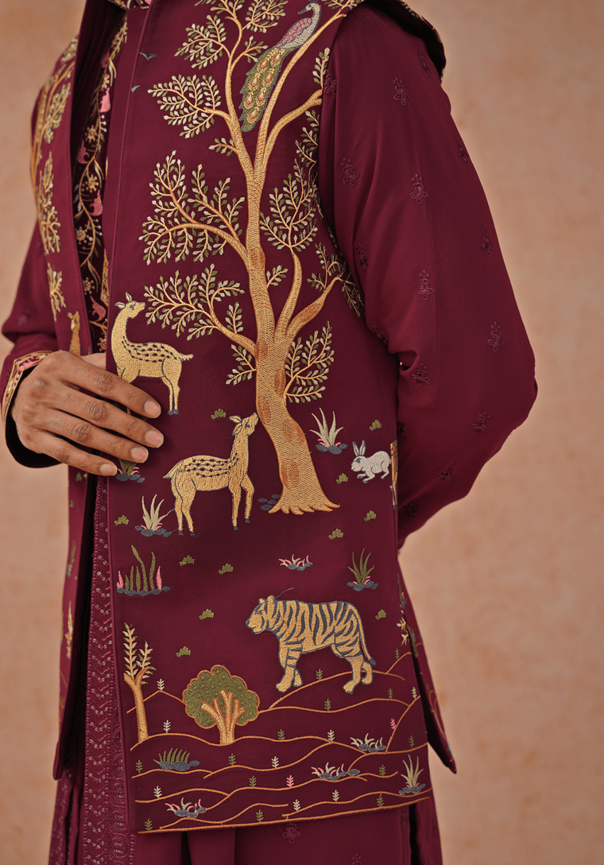 Wine Embroidered Kurta Set With Jacket Kalpraag - Fabilicious Fashion