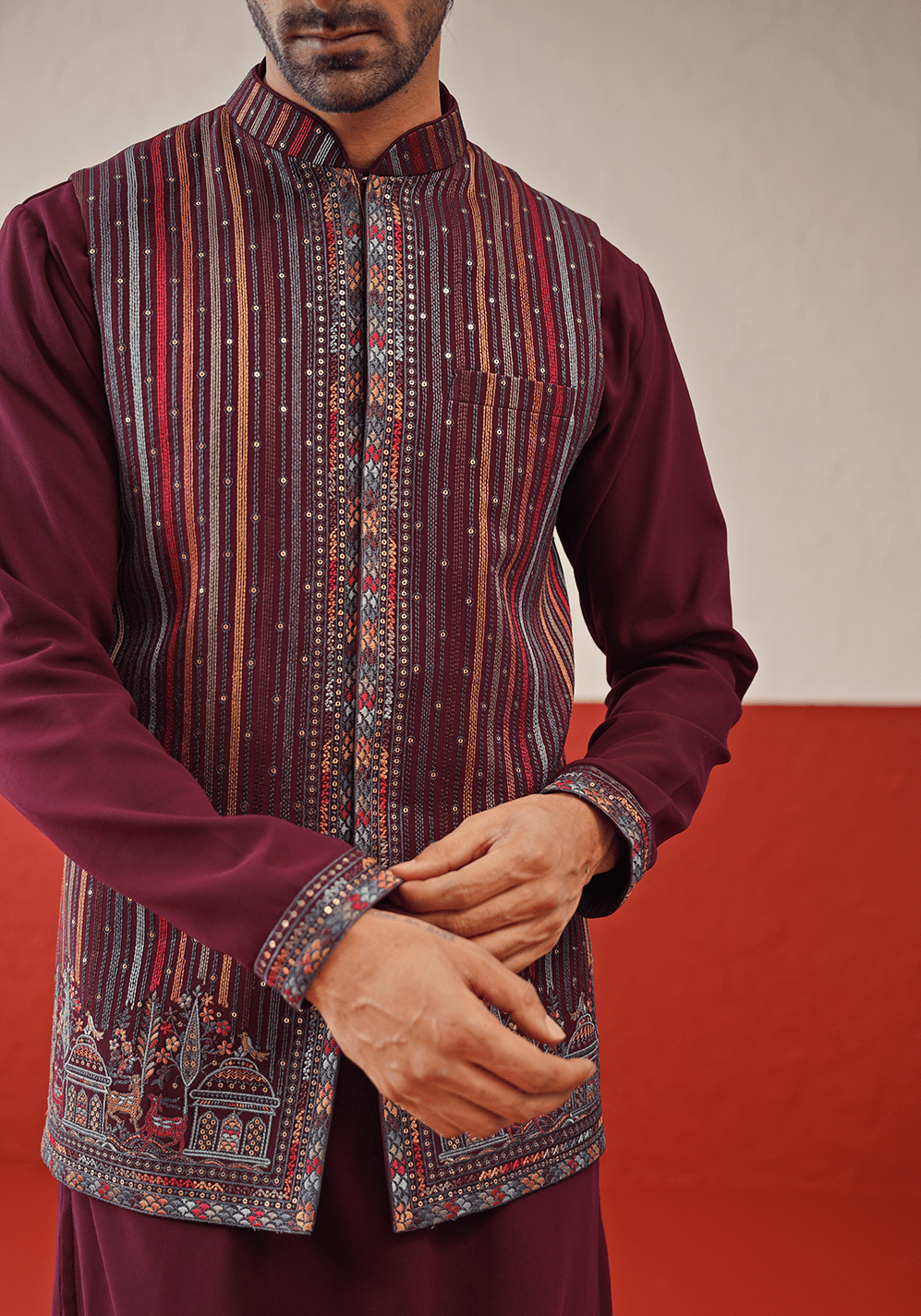 Wine Embroidered Kurta Set With Jacket Kalpraag - Fabilicious Fashion