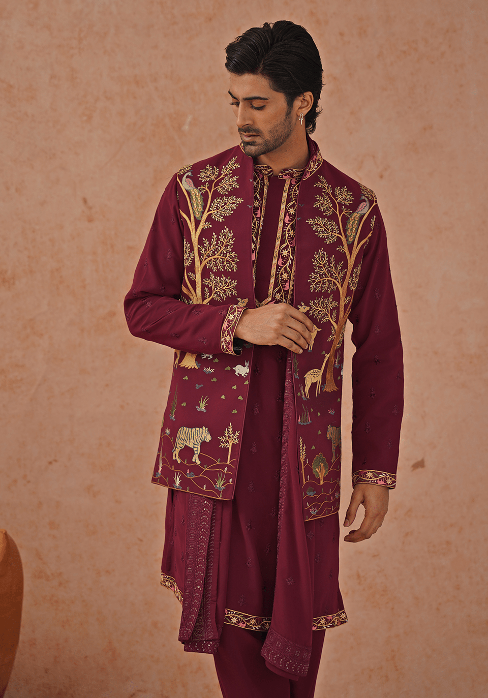 Wine Embroidered Kurta Set With Jacket Kalpraag - Fabilicious Fashion