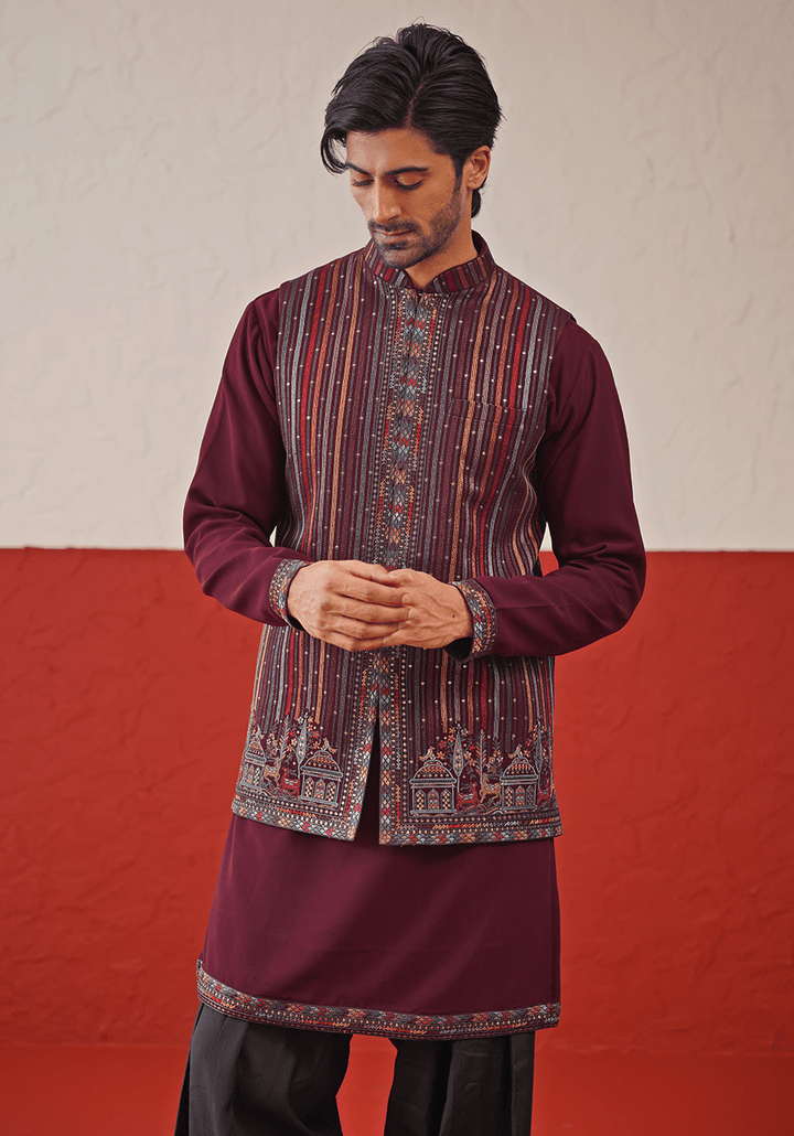 Wine Embroidered Kurta Set With Jacket Kalpraag - Fabilicious Fashion