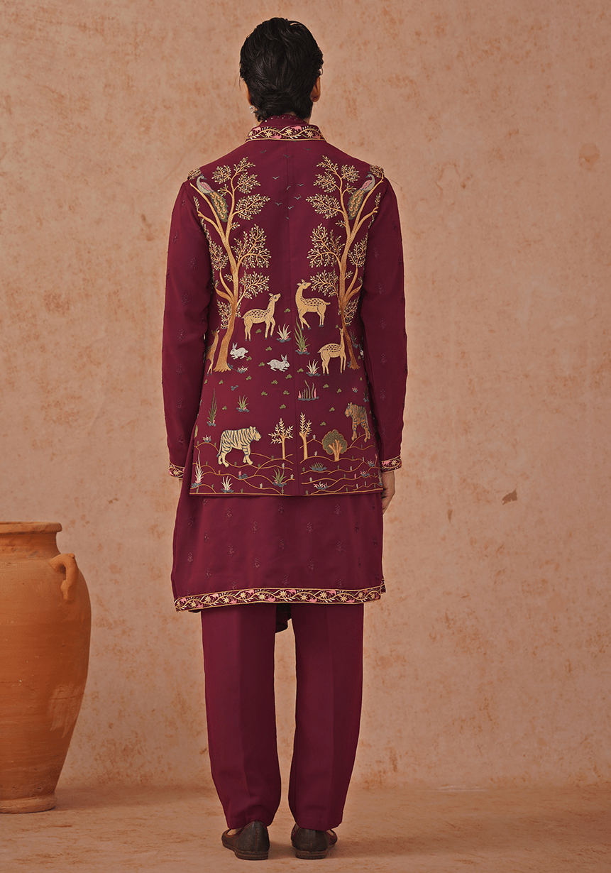Wine Embroidered Kurta Set With Jacket Kalpraag - Fabilicious Fashion
