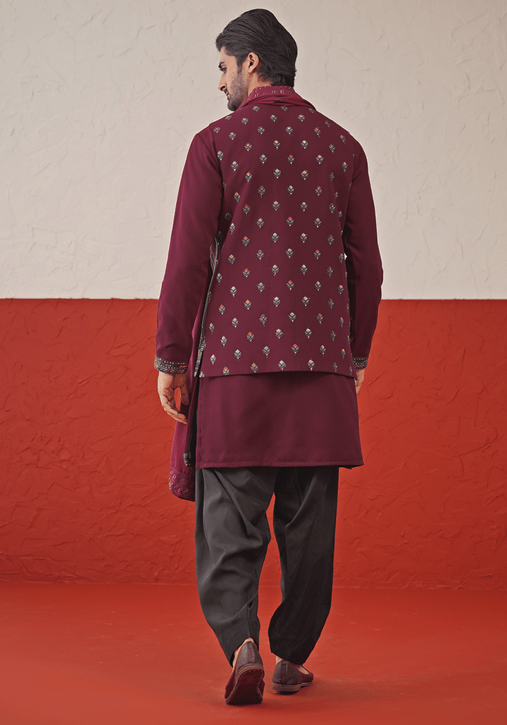 Wine Embroidered Kurta Set With Jacket Kalpraag - Fabilicious Fashion