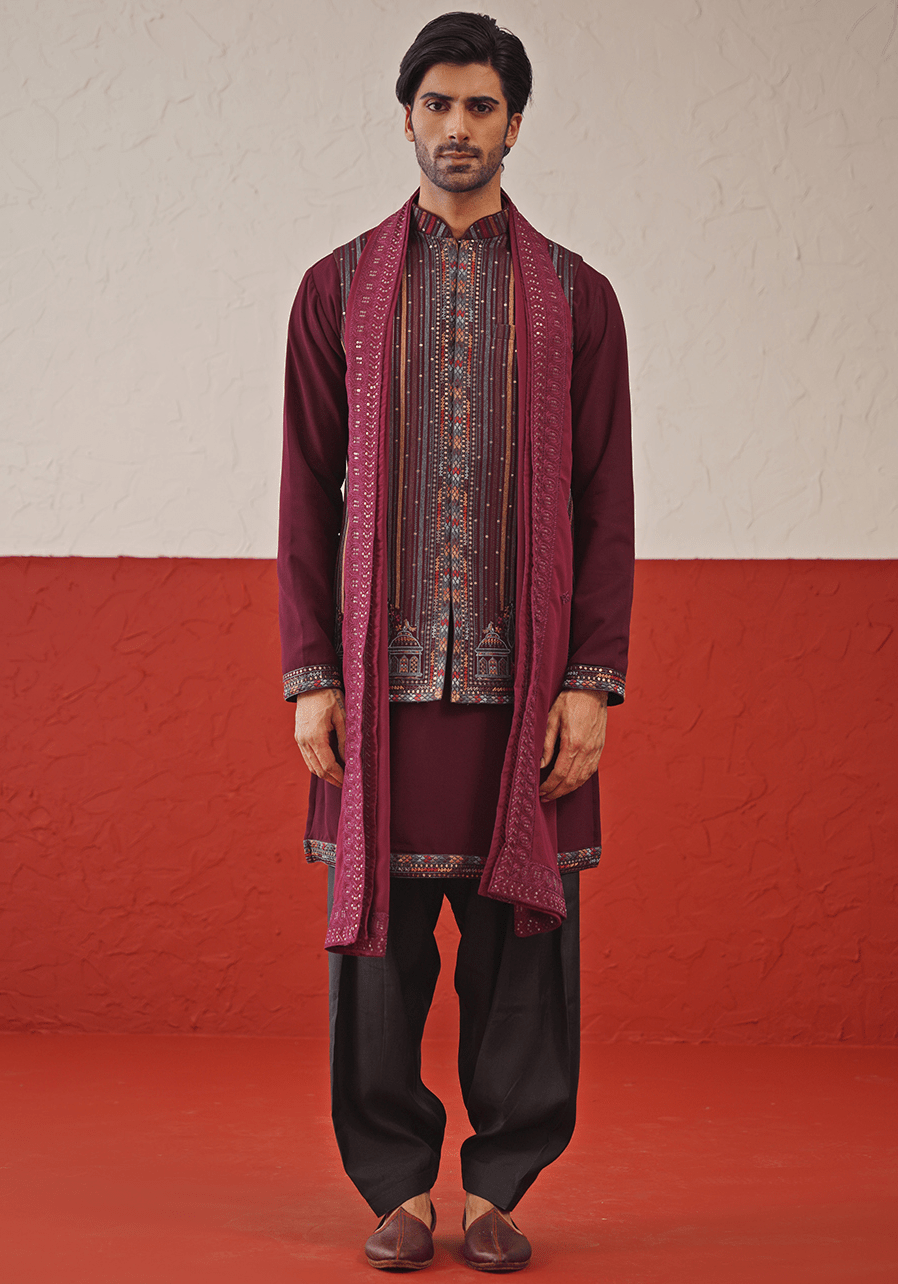 Wine Embroidered Kurta Set With Jacket Kalpraag - Fabilicious Fashion