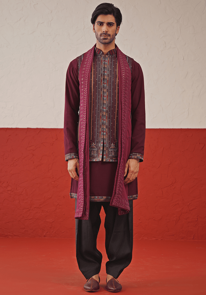 Wine Embroidered Kurta Set With Jacket Kalpraag - Fabilicious Fashion