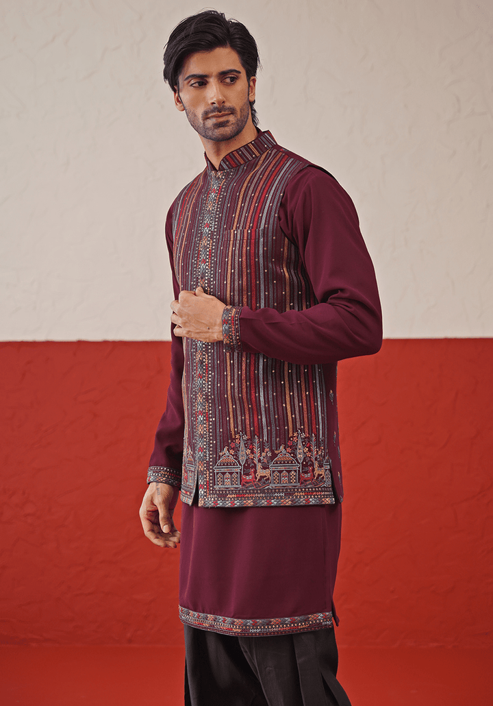 Wine Embroidered Kurta Set With Jacket Kalpraag - Fabilicious Fashion