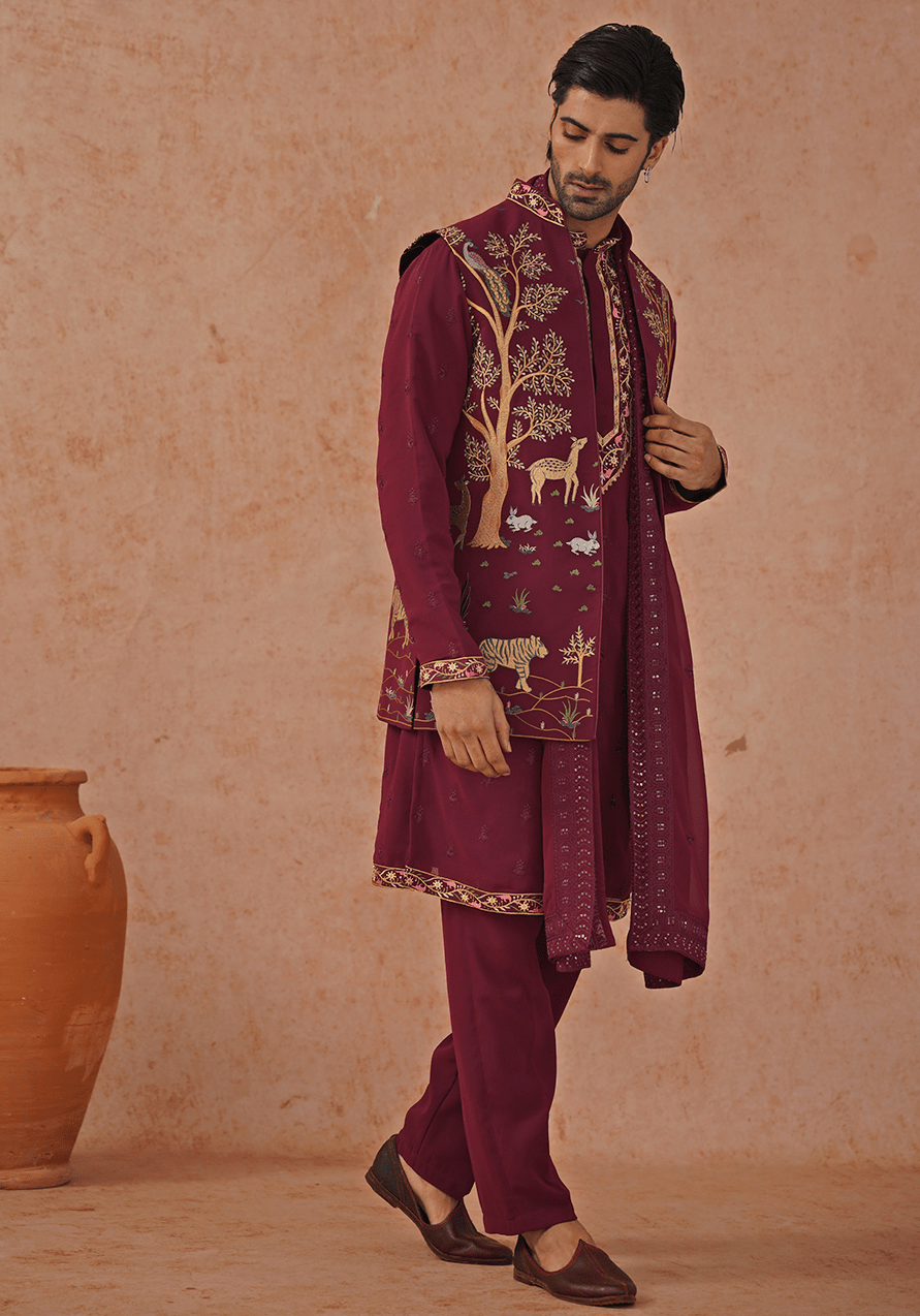 Wine Embroidered Kurta Set With Jacket Kalpraag - Fabilicious Fashion