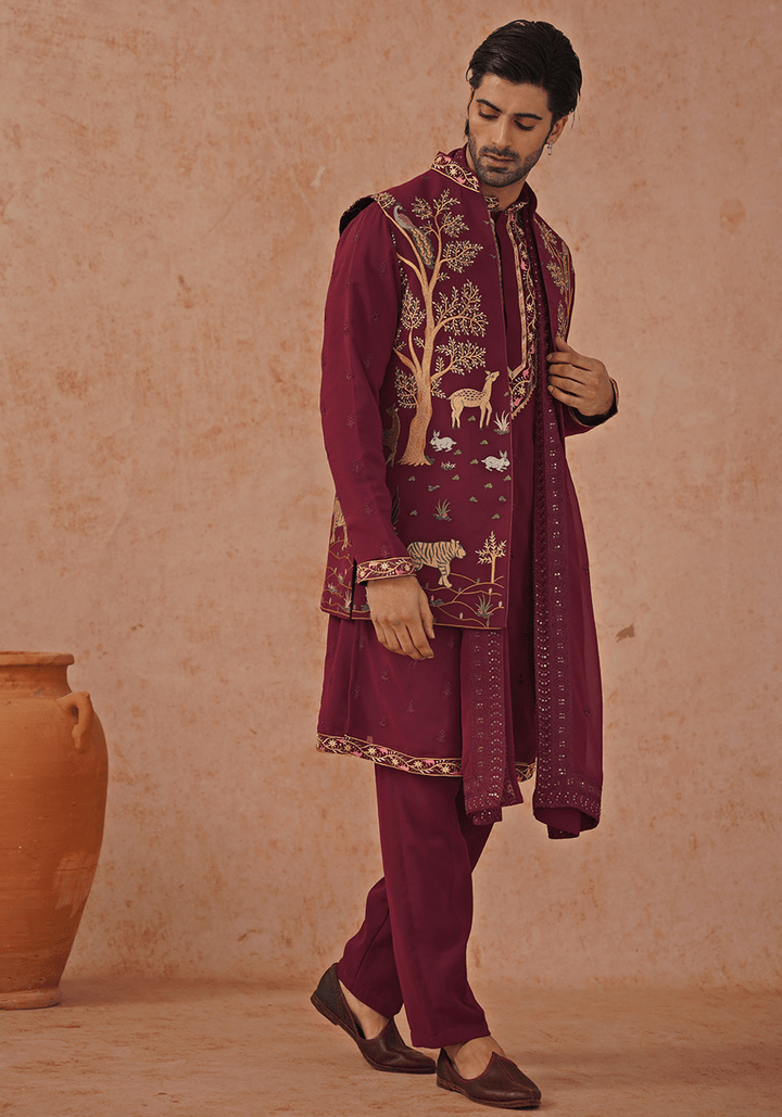 Wine Embroidered Kurta Set With Jacket Kalpraag - Fabilicious Fashion