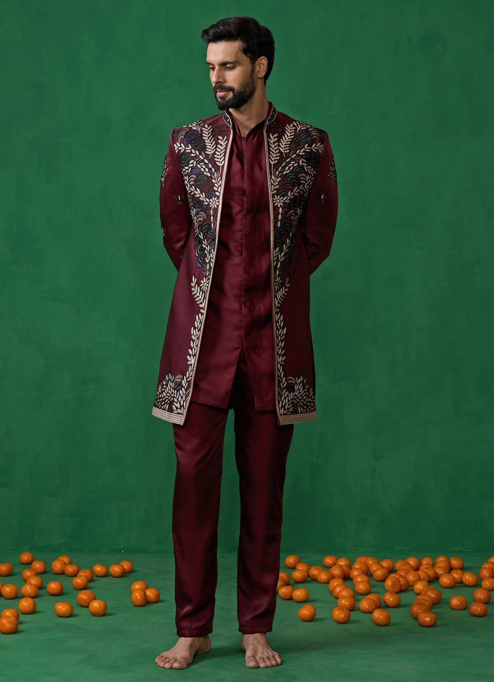 Wine Embroidered Silk Long Jacket Kurta Set Kalpraag - Fabilicious Fashion