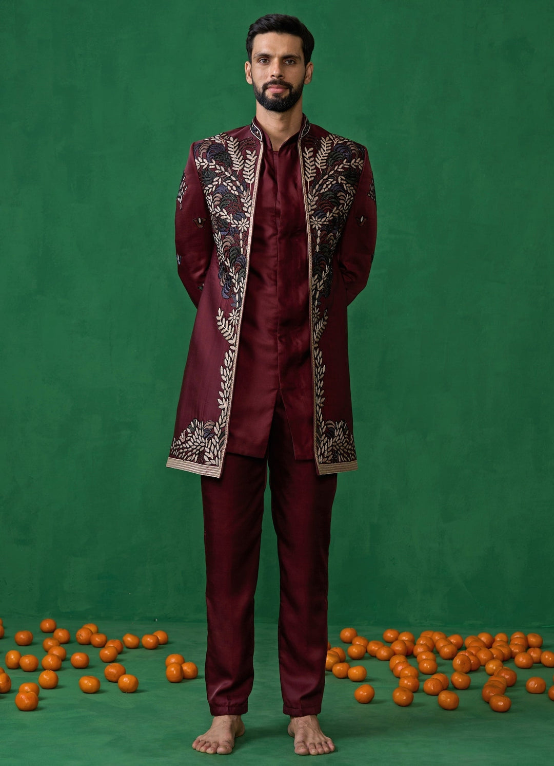 Wine Embroidered Silk Long Jacket Kurta Set Kalpraag - Fabilicious Fashion