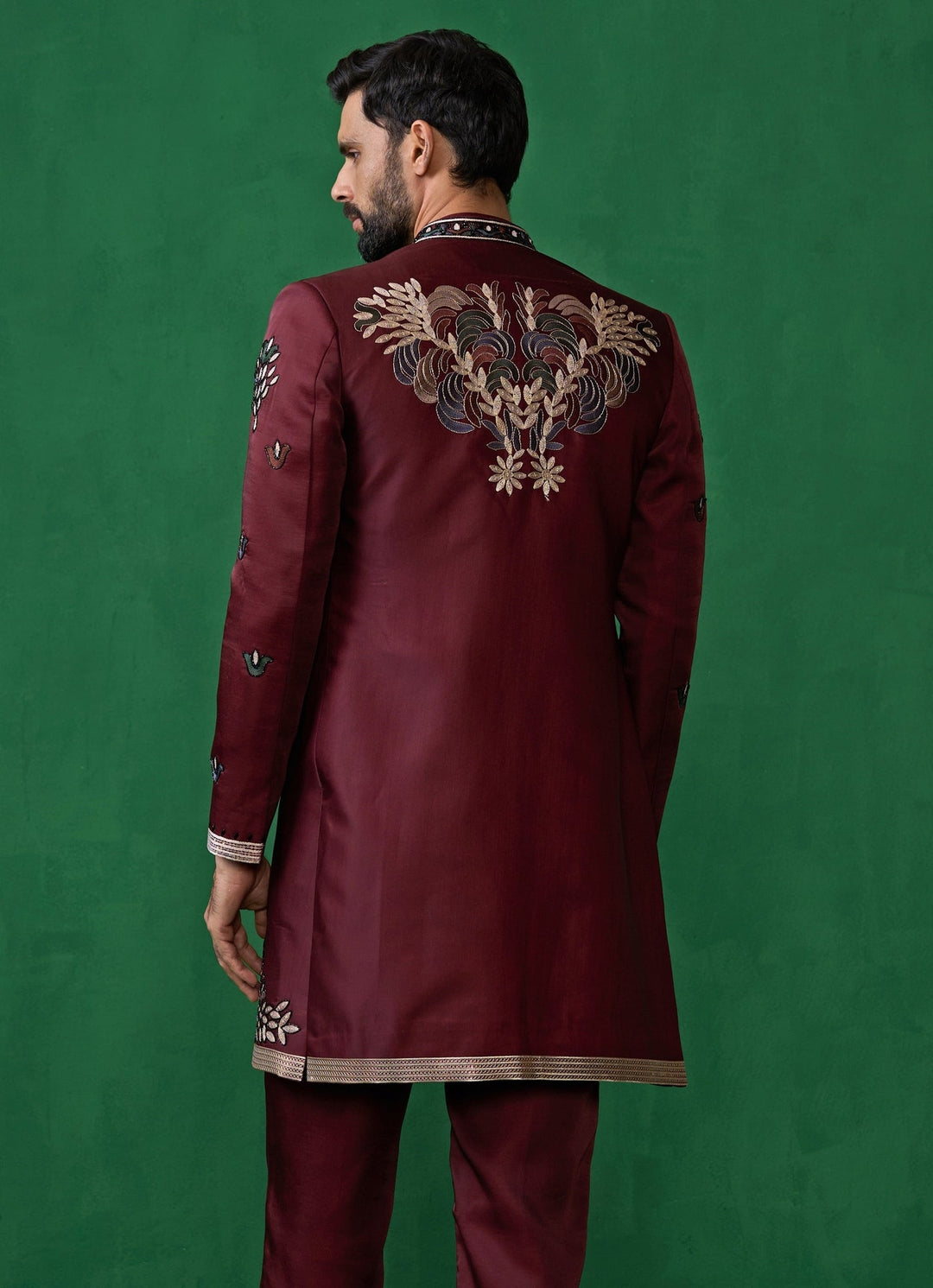 Wine Embroidered Silk Long Jacket Kurta Set Kalpraag - Fabilicious Fashion