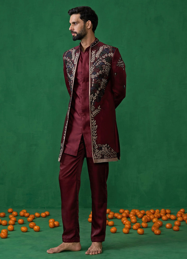Wine Embroidered Silk Long Jacket Kurta Set Kalpraag - Fabilicious Fashion