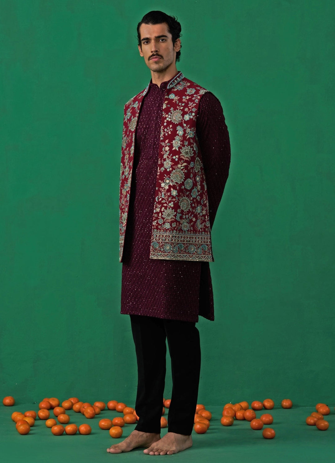 Wine Floral Embroidered Georgette Kurta Jacket Set Kalpraag - Fabilicious Fashion