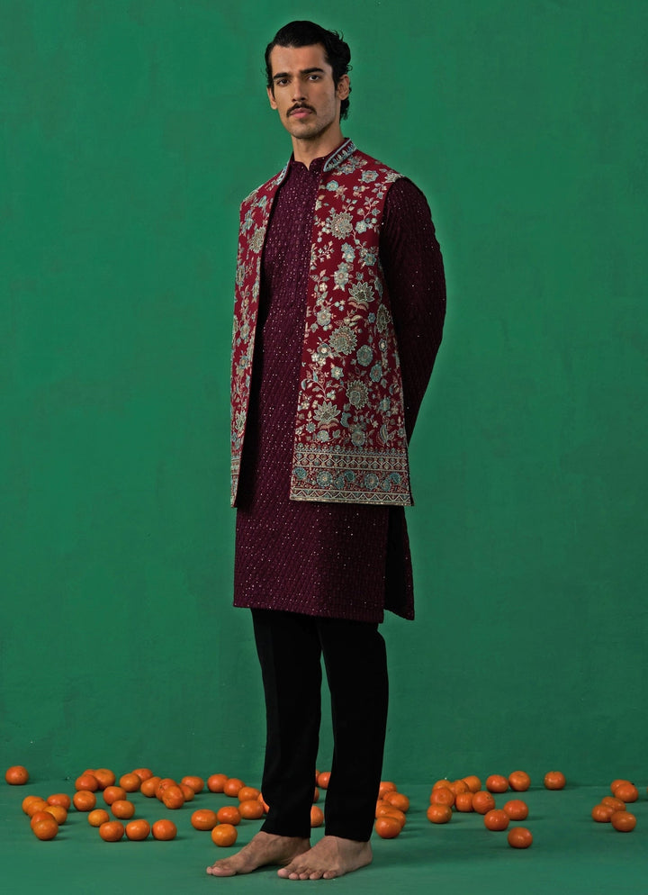 Wine Floral Embroidered Georgette Kurta Jacket Set Kalpraag - Fabilicious Fashion