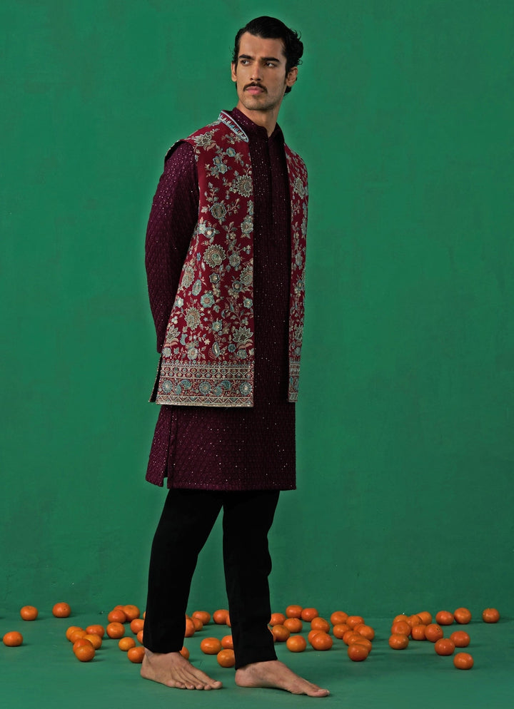 Wine Floral Embroidered Georgette Kurta Jacket Set Kalpraag - Fabilicious Fashion
