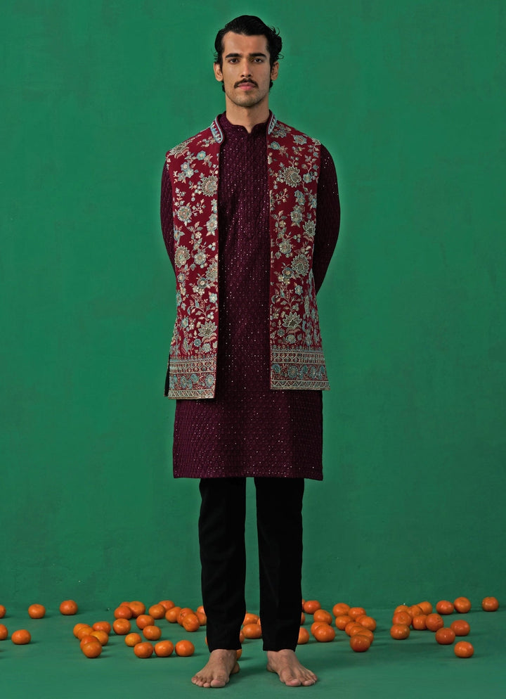 Wine Floral Embroidered Georgette Kurta Jacket Set Kalpraag - Fabilicious Fashion
