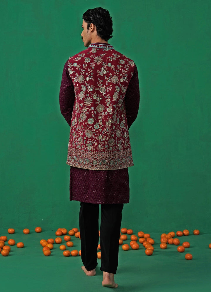 Wine Floral Embroidered Georgette Kurta Jacket Set Kalpraag - Fabilicious Fashion