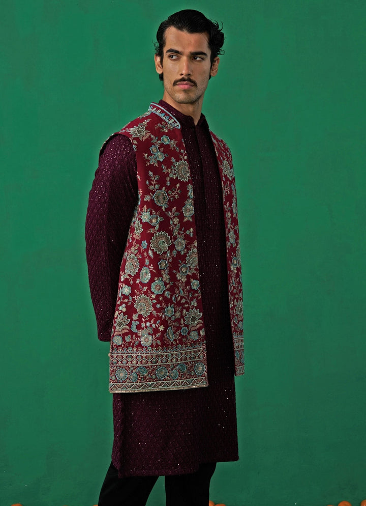 Wine Floral Embroidered Georgette Kurta Jacket Set Kalpraag - Fabilicious Fashion