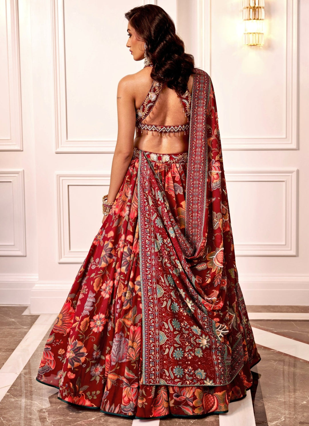 Wine Floral Printed Lehenga With Halter Blouse Rashika Sharma - Fabilicious Fashion