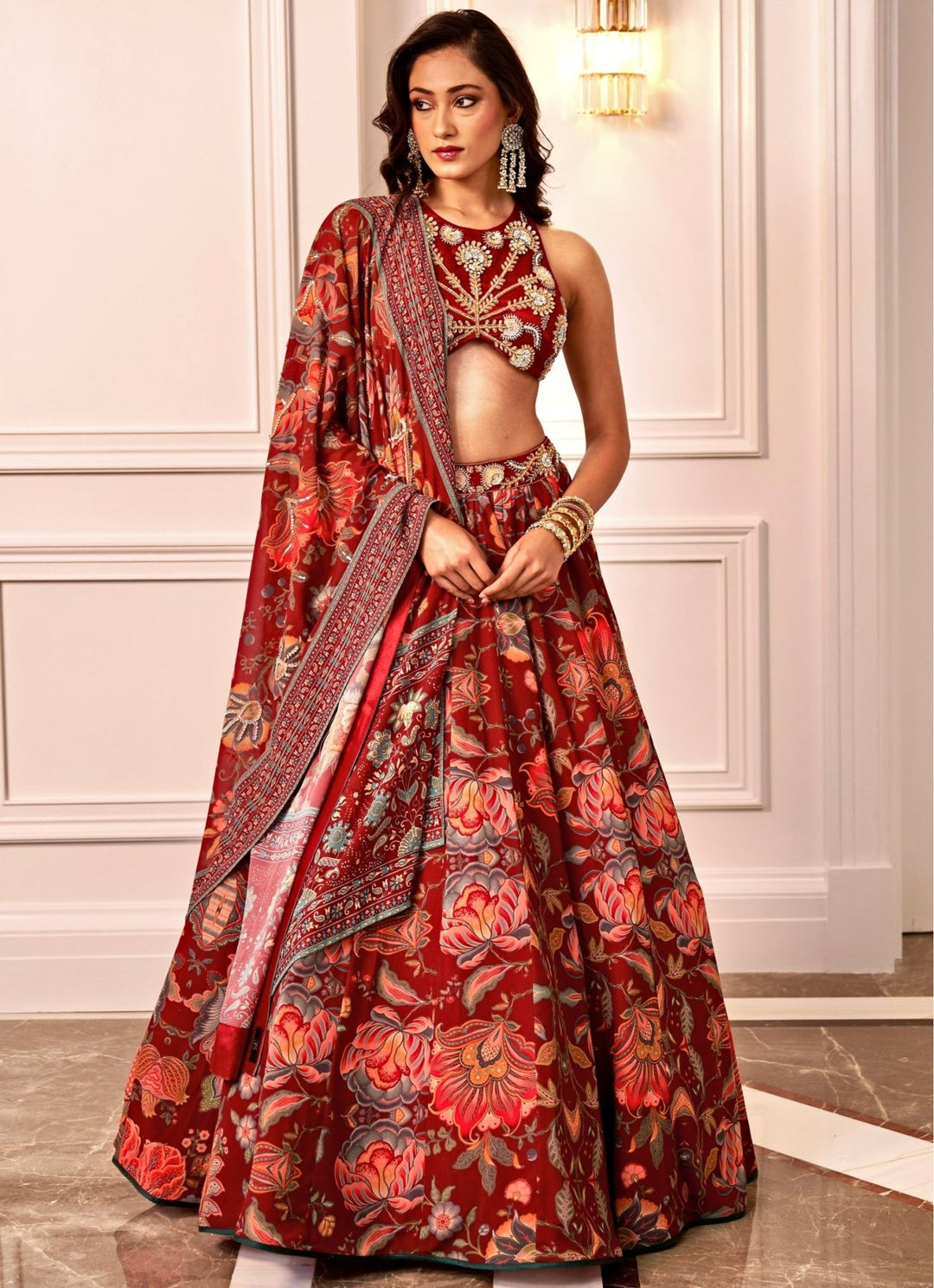 Wine Floral Printed Lehenga With Halter Blouse Rashika Sharma - Fabilicious Fashion