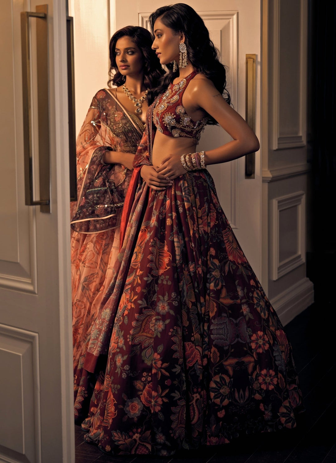 Wine Floral Printed Lehenga With Halter Blouse Rashika Sharma - Fabilicious Fashion