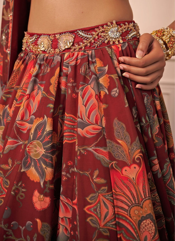 Wine Floral Printed Lehenga With Halter Blouse Rashika Sharma - Fabilicious Fashion