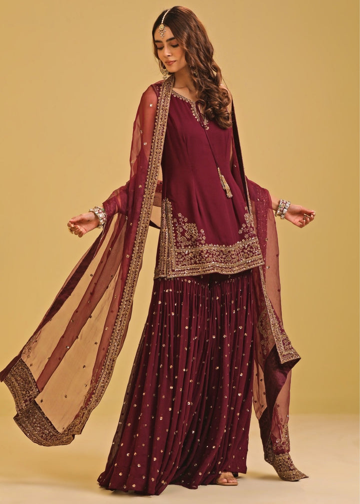 Esha Koul Wine Georgette Kurta Sharara SetFabilicious Fashion