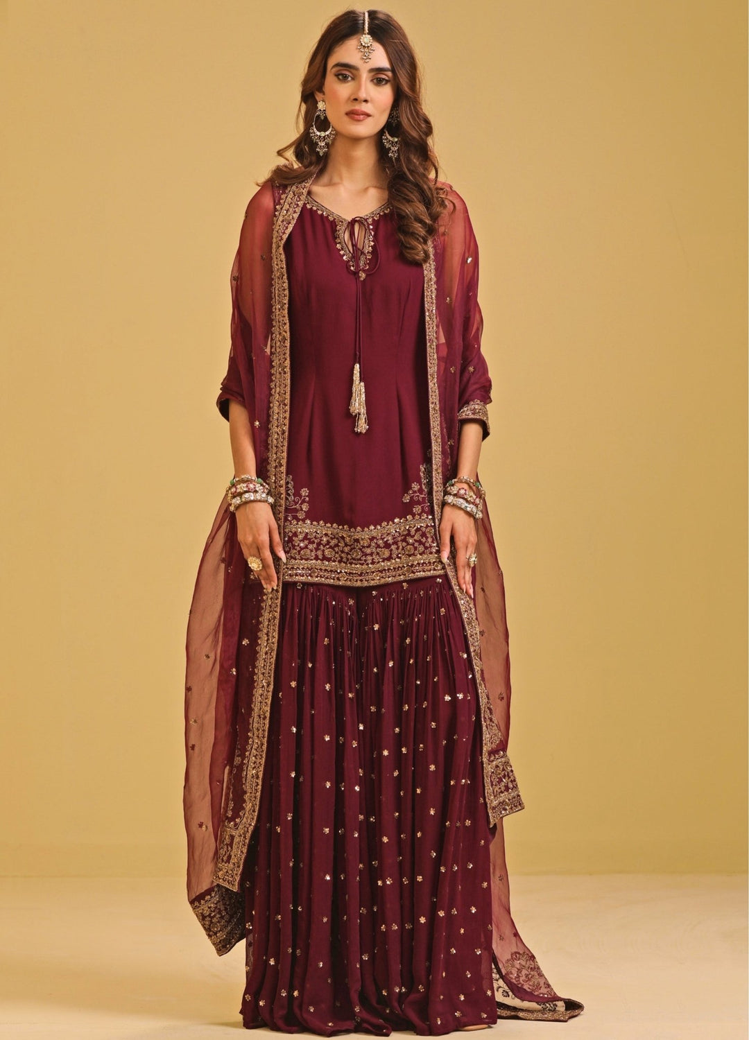 Esha Koul Wine Georgette Kurta Sharara SetFabilicious Fashion