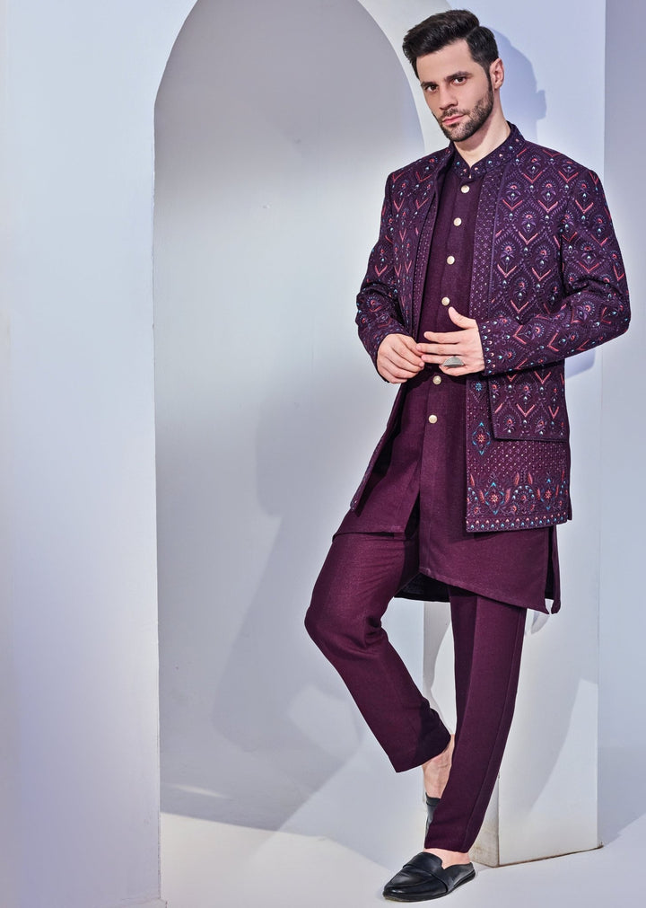 Wine Indo - Western Embroidery Kurta Jacket Set Chatenya Mittal - Fabilicious Fashion