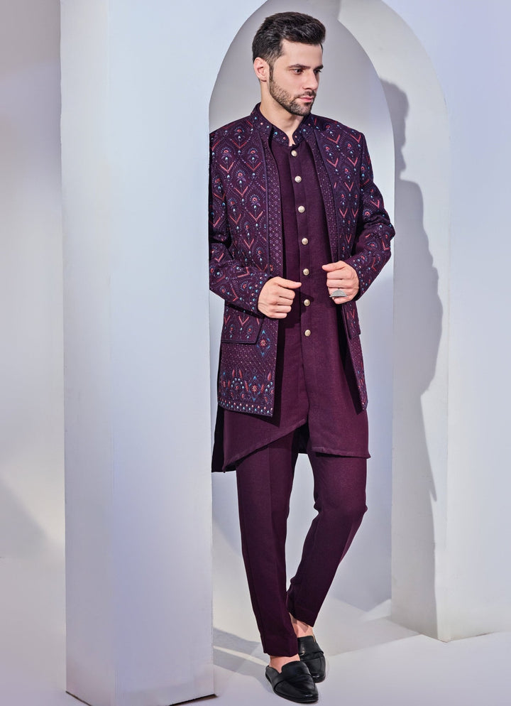 Wine Indo - Western Embroidery Kurta Jacket Set Chatenya Mittal - Fabilicious Fashion