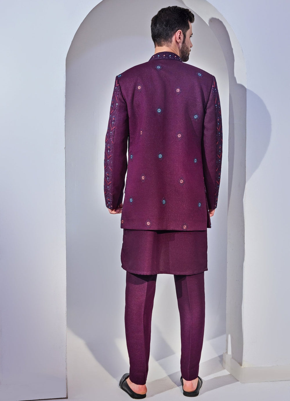 Wine Indo - Western Embroidery Kurta Jacket Set Chatenya Mittal - Fabilicious Fashion
