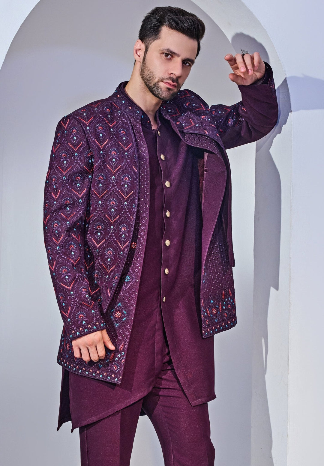 Wine Indo - Western Embroidery Kurta Jacket Set Chatenya Mittal - Fabilicious Fashion