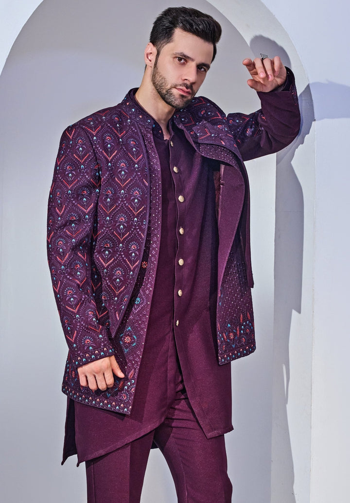 Wine Indo - Western Embroidery Kurta Jacket Set Chatenya Mittal - Fabilicious Fashion