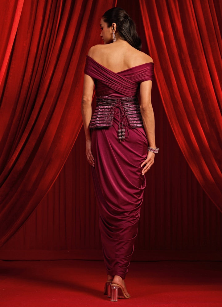 Wine Lycra Concept Saree With Corset Nidhika Shekhar - Fabilicious Fashion