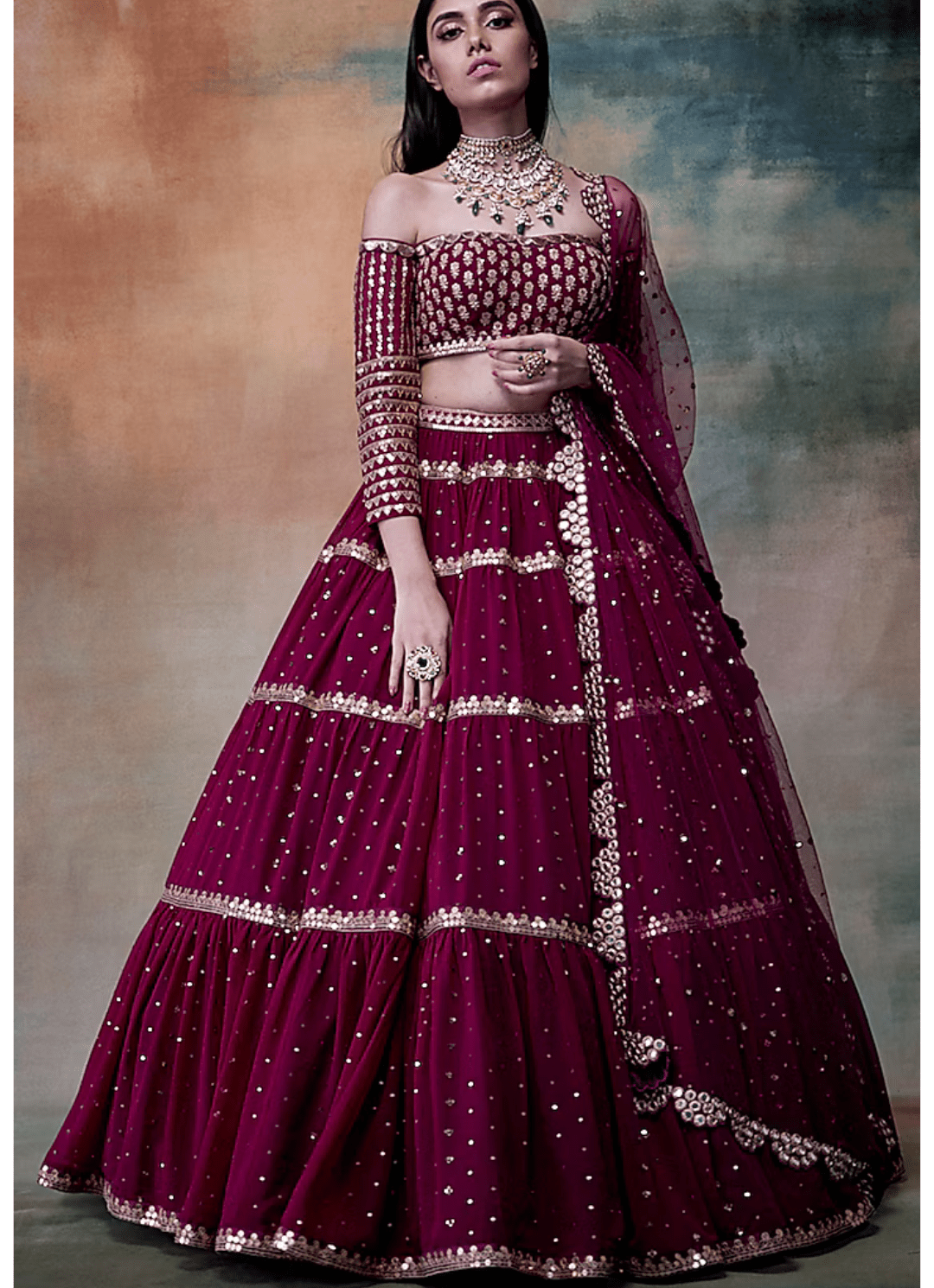 Wine Net Hand Embroidered Lehenga Set Vvani by Vani Vats - Fabilicious Fashion