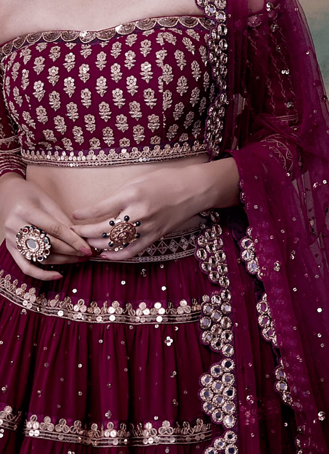 Wine Net Hand Embroidered Lehenga Set Vvani by Vani Vats - Fabilicious Fashion