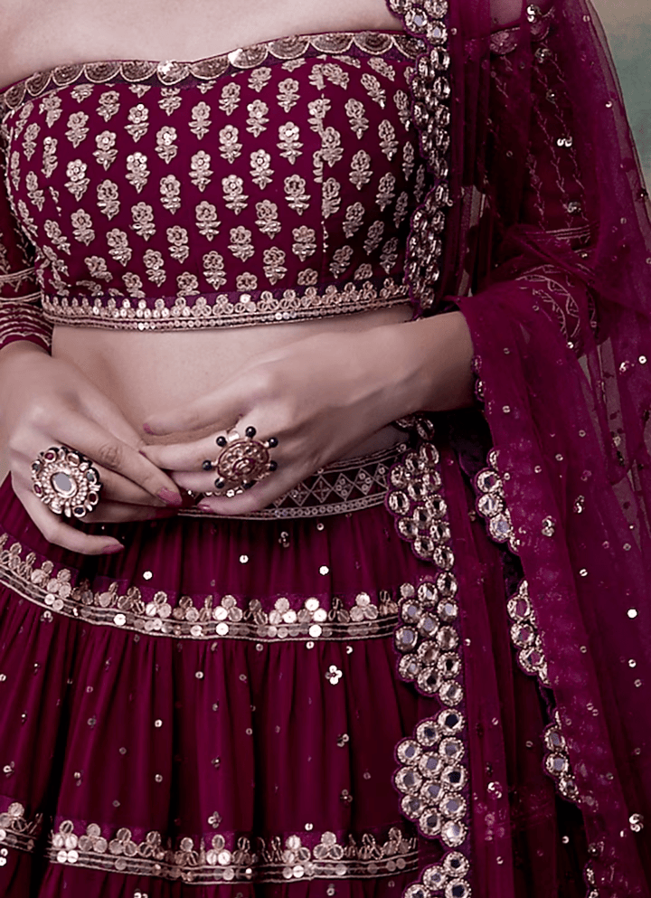 Wine Net Hand Embroidered Lehenga Set Vvani by Vani Vats - Fabilicious Fashion