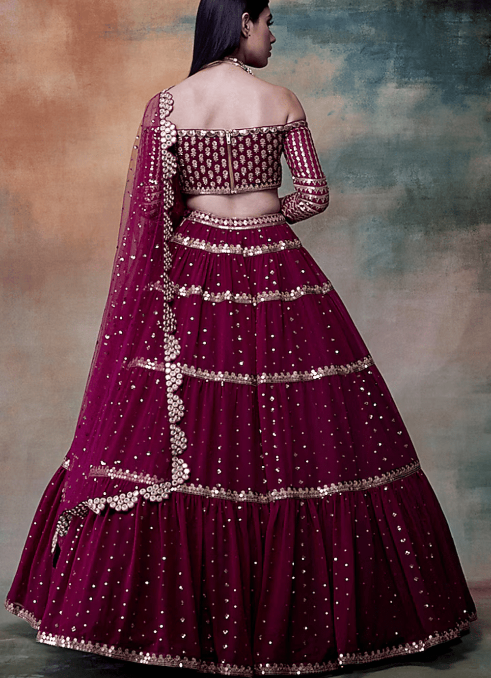 Wine Net Hand Embroidered Lehenga Set Vvani by Vani Vats - Fabilicious Fashion