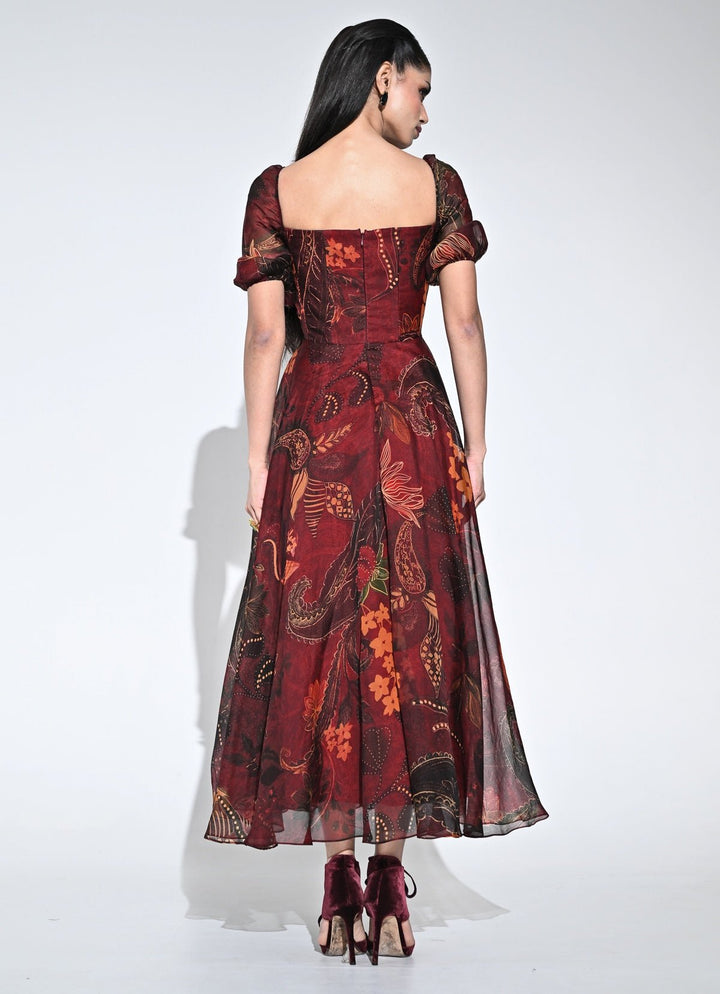 Juhi Bengani Wine Printed Organza Corset Midi DressFabilicious Fashion