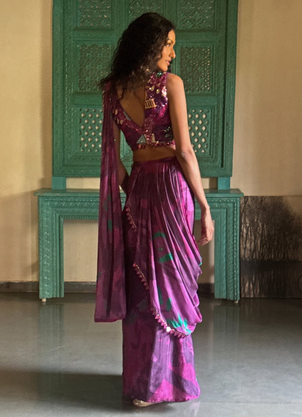 Wine Printed Pre - Draped Chiffon Saree Basil Leaf - Fabilicious Fashion