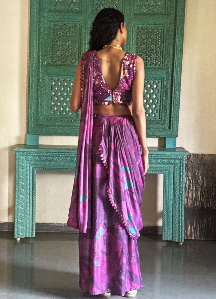 Wine Printed Pre - Draped Chiffon Saree Basil Leaf - Fabilicious Fashion