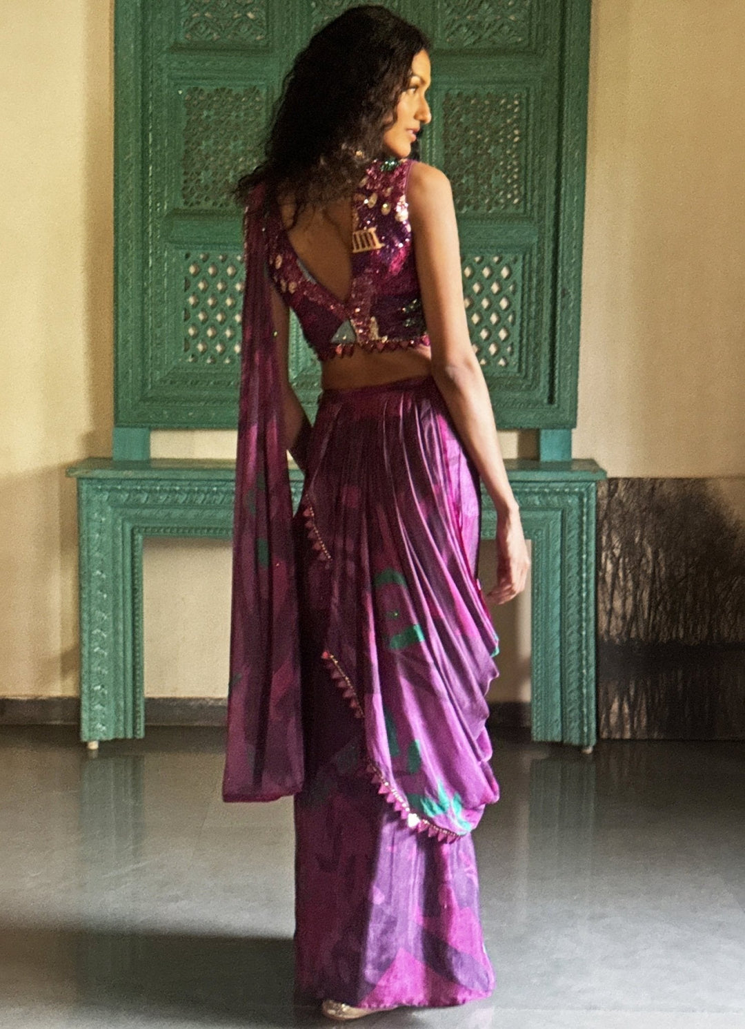 Wine Printed Pre - Draped Chiffon Saree Basil Leaf - Fabilicious Fashion