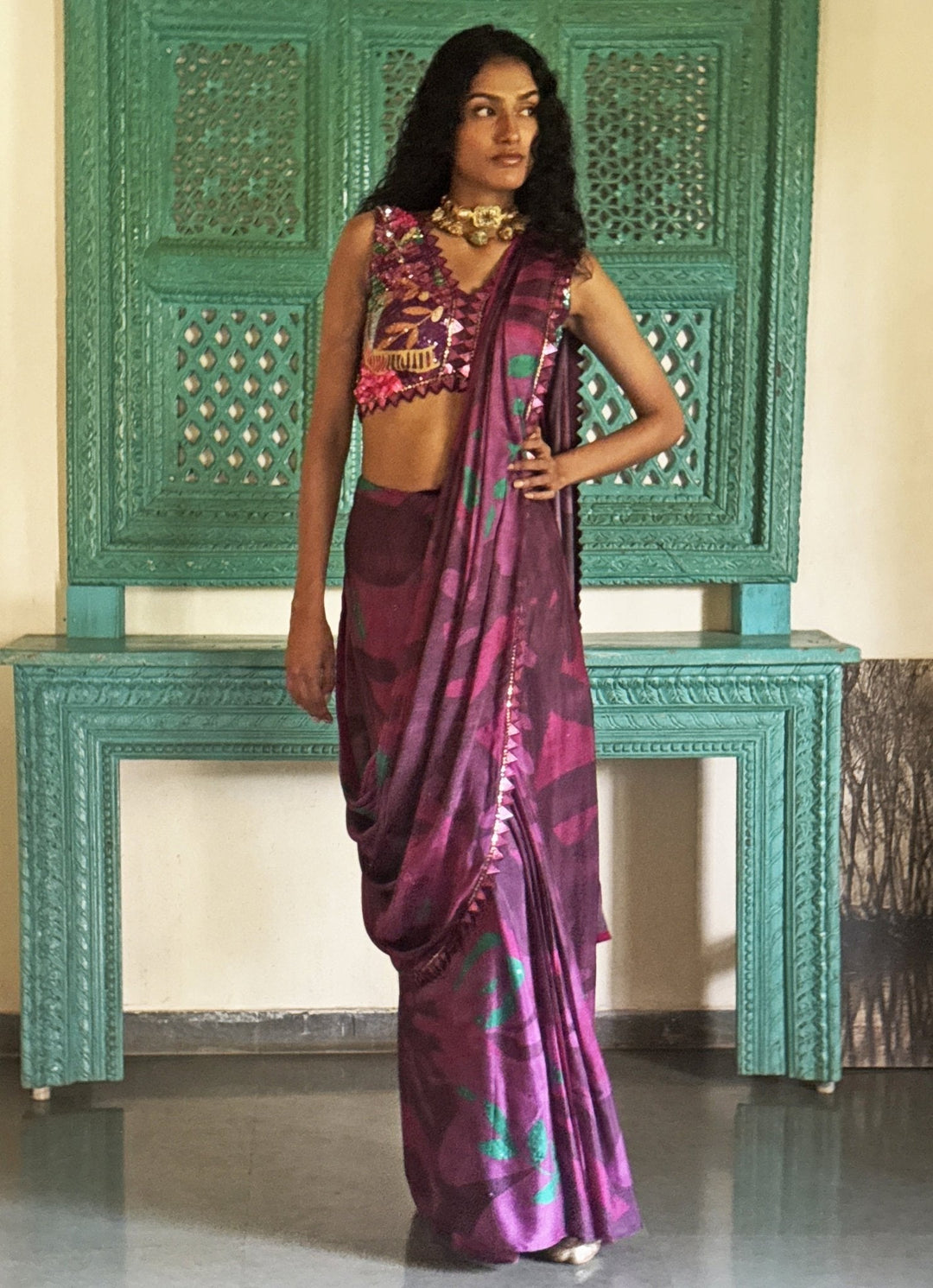 Wine Printed Pre - Draped Chiffon Saree Basil Leaf - Fabilicious Fashion