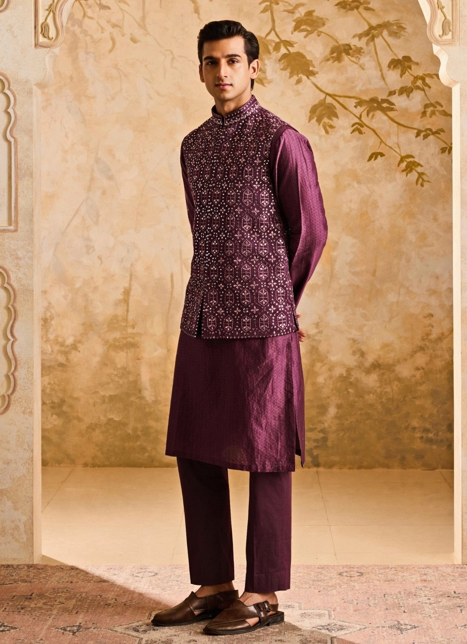 Wine raw silk mirror nehru jacket set for sangeet or evening celebration