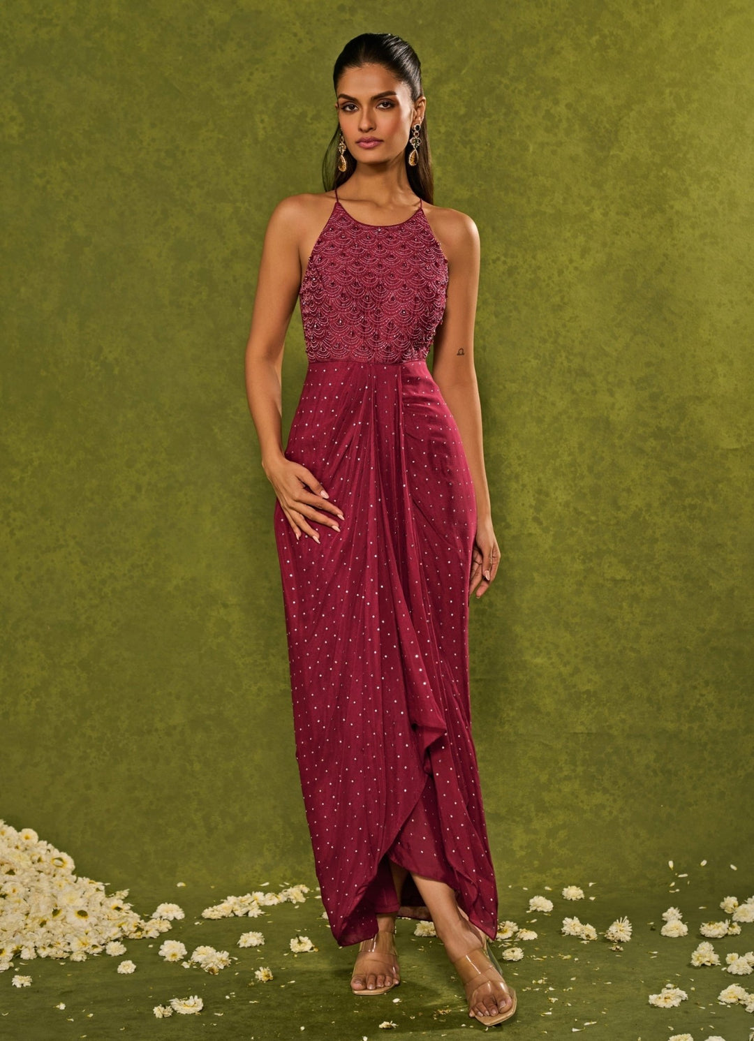 Wine Raw Slk Cascade Gown Chamee and Palak - Fabilicious Fashion