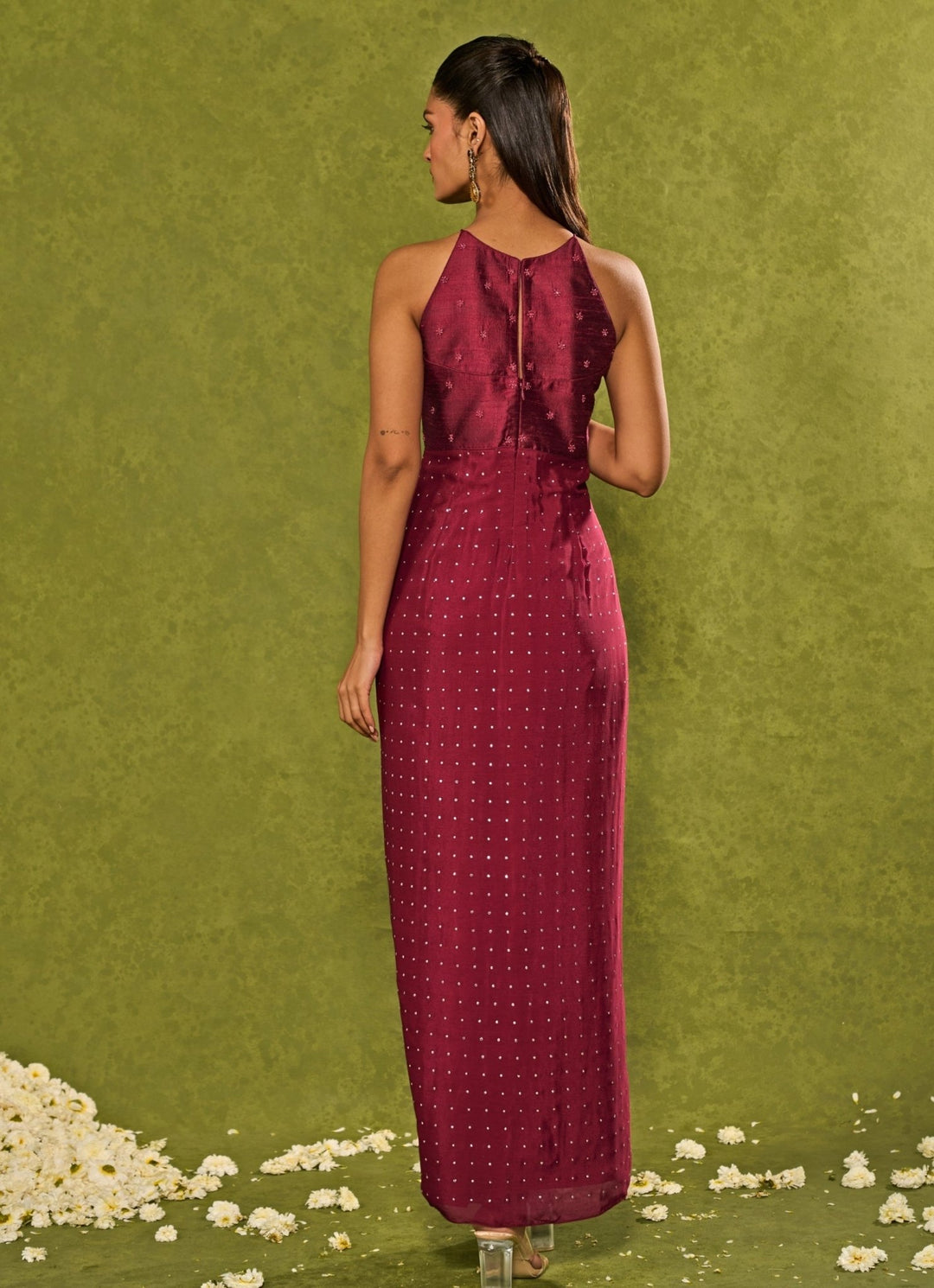 Chamee and Palak Wine Raw Silk Cascade Gown XXL Chamee and Palak Wine Raw Silk Cascade Gown XXL