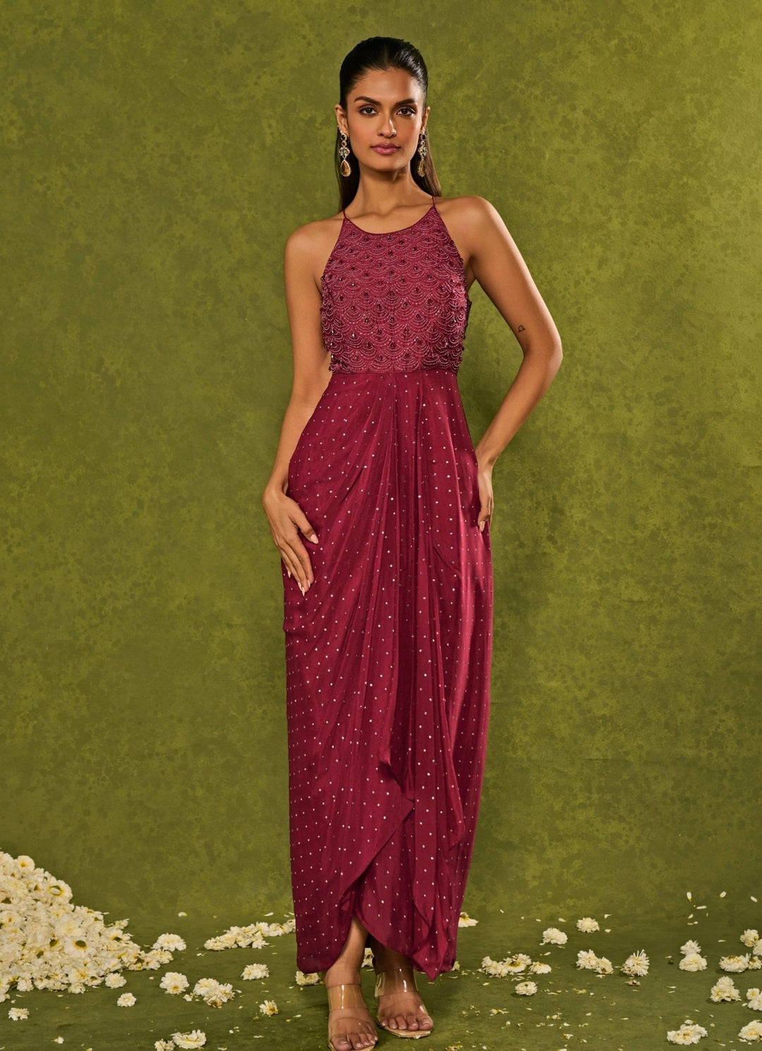 Wine Raw Slk Cascade Gown Chamee and Palak - Fabilicious Fashion